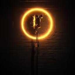 a lighted circle around a small pole in the dark