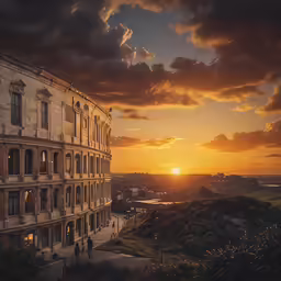 a view of the sunset as a couple walk down the street