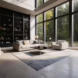 a modern style room with a lot of windows and furniture