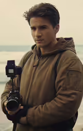 a man holding a camera near the ocean