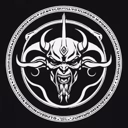 the satan devil in an octagonal symbol,a viking head and cross in the center of a circle