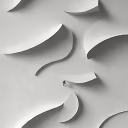 a man walking between a couple of large white shapes