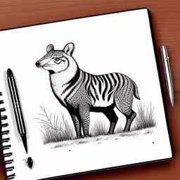 a drawing of a zebra standing in a field,the zebra is next to a pen on a desk