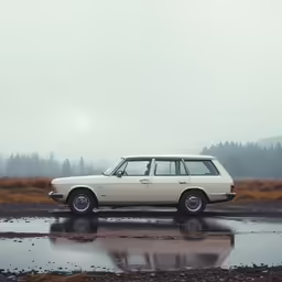 a very nice looking car parked by some water
