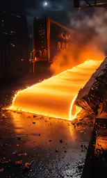 large flamed piece being poured on conveyor belt