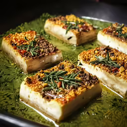 six small desserts on a large green plate