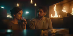 two people sitting at a table next to fire
