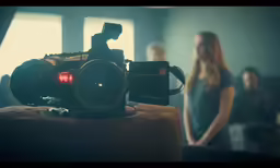a film camera sits on top of a large pillow