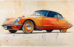 a painting of an orange and white car in front of a beige brick wall