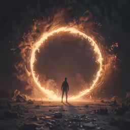 a man stands near a giant ball of fire in the middle of the night