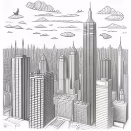 pencil drawing of cityscape with clouds,the city of new york in pencil
