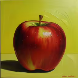 an apple painted in bright yellow and red,the apple is painted on a yellow background,an apple painting on canvas, painted with oils,painting of a red apple on yellow background,an apple is painted in red and yellow