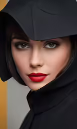 a woman with a hat and red lipstick