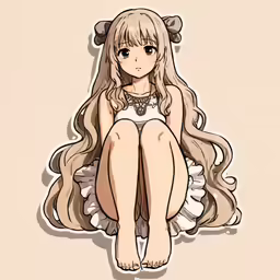 a blonde woman sitting on the floor wearing an all white dress