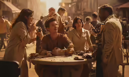 people talking and eating on a street side