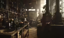 people working in a vintage kitchen with pots and pans