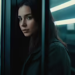 a woman in black coat looks out of window