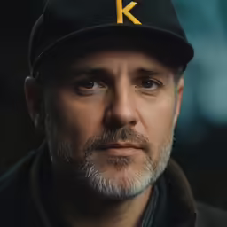 a man in a hat looks intently ahead
