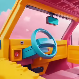 a toy car with a steering wheel sitting on the ground