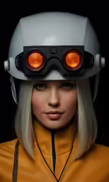 a woman with an unusual helmet and lights on
