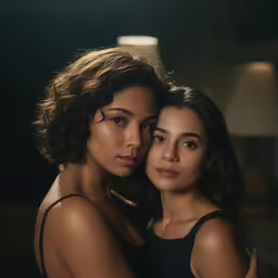 two women in black clothing hugging and posing for the camera
