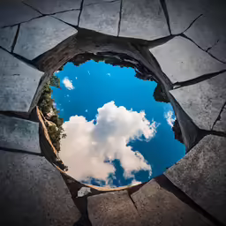 the sky and clouds appear to be reflected in a puddle