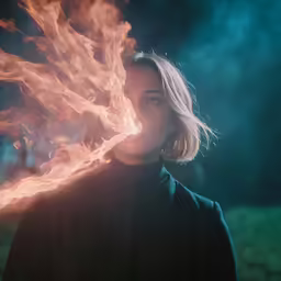 a woman is standing with a large fireball in her hand