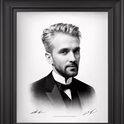 a black and white photo of a man wearing a suit