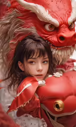 a young girl dressed in red is near an evil red creature