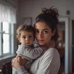 a woman holding her child up close in a house