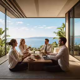 four people sitting around a table in a living room