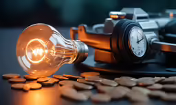 an old style light bulb being operated by an old clock