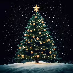 a lit up christmas tree sits in the snow