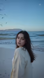 a woman stands on the beach while looking out into the ocean