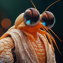 the eyes of an orange insect appear to look like they are being photographed