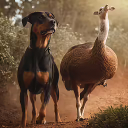 a large brown dog standing next to a small black and tan dog