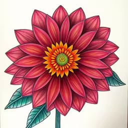 the drawing shows a very large flower that has leaves on it,a painting of a pink flower with a green center