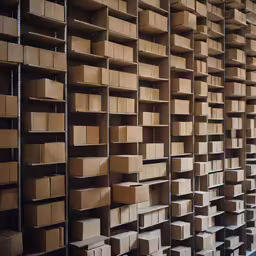 lots of boxes lined up on shelves in a room
