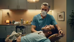 the man is undergoing a dental exam from an ot surgeon