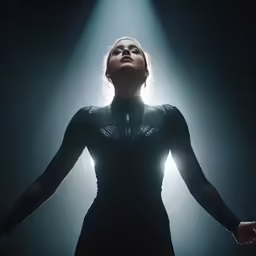 a female wearing a black dress in the dark