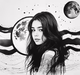 a woman with long hair in front of the moon and stars,the girl