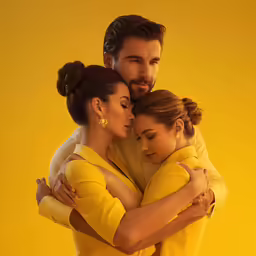 a couple in a yellow gown embracing each other