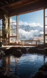 a large hot tub sitting next to a window on a wooden platform