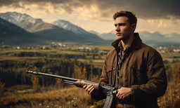 a man holding a rifle while standing on top of a mountain,the man is holding a gun while standing in the wild