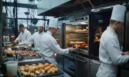 the cooks work together in the kitchen to cook food