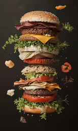 an hamburger is falling down with other hamburgers and condiments all around it
