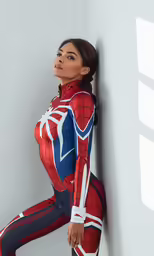 a woman dressed in a spider man costume leaning against a wall