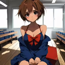 a anime character in blue with red bows