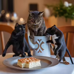 three black cats standing on a plate, one in front of a white mug
