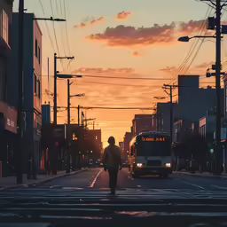a man walking across the middle of a city street